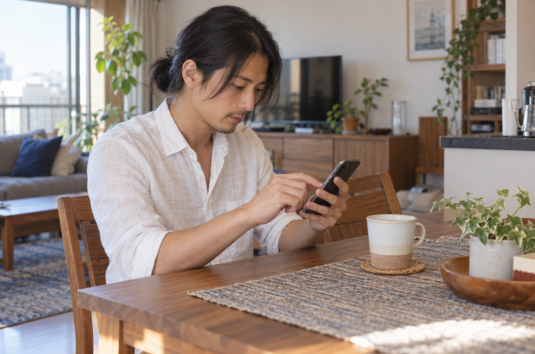 自宅のテーブルでスマートフォンの設定を確認する男性