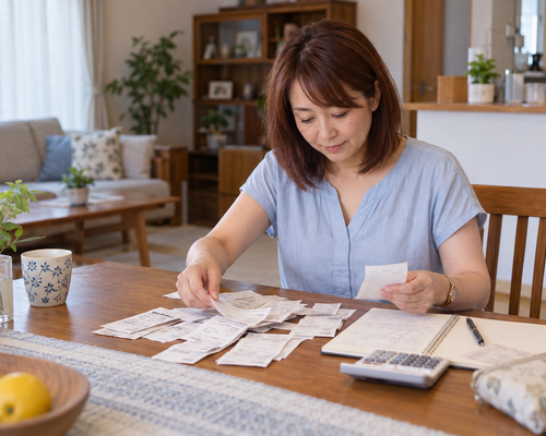 自宅でレシートと日用品の購入メモを整理する女性
