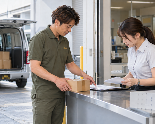 企業の荷受け受付で小箱を台に置き書類を確認する男性