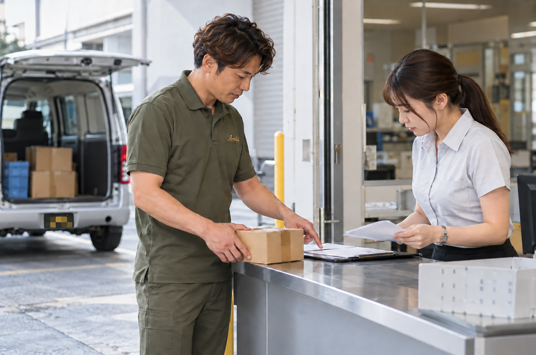 企業の荷受け受付で小箱を台に置き書類を確認する男性