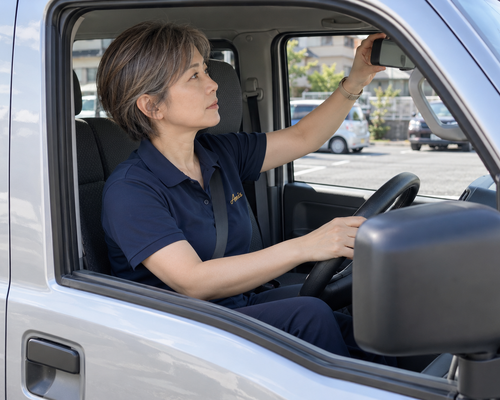 停車中の軽バンの運転席でミラー位置を確認する女性