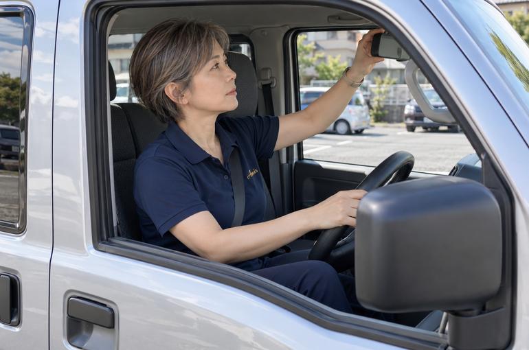 停車中の軽バンの運転席でミラー位置を確認する女性