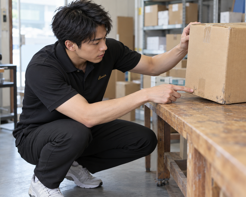 清潔な低い作業台の箱の底の端を指して状態確認する男性