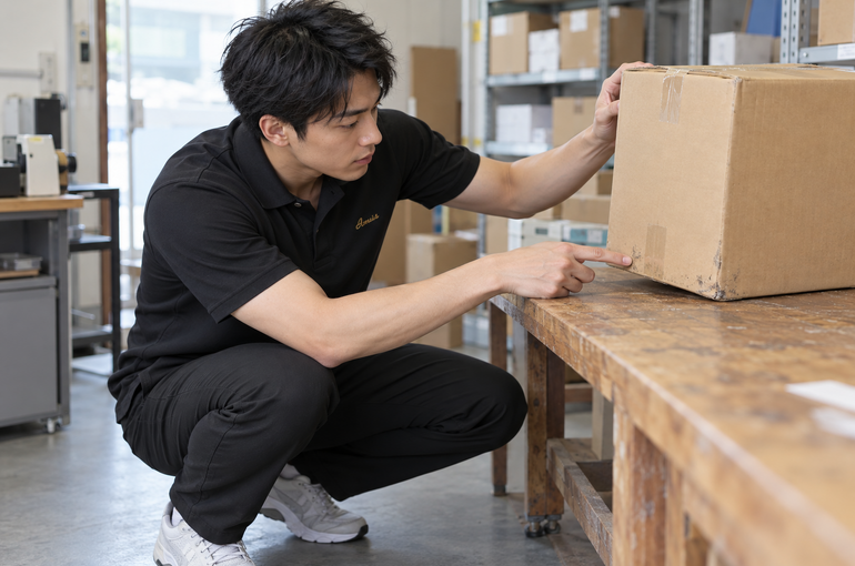 清潔な低い作業台の箱の底の端を指して状態確認する男性