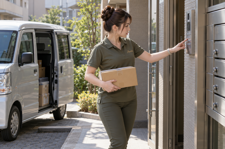 集合住宅の入口脇で小箱を持ちインターホンを確認する女性