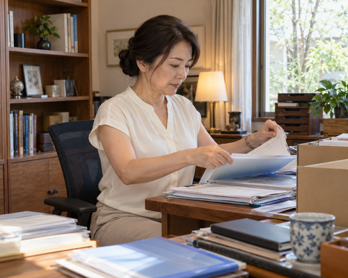 書斎で書類をクリアファイルと箱に分類する女性