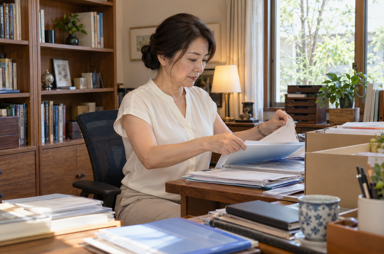 書斎で書類をクリアファイルと箱に分類する女性