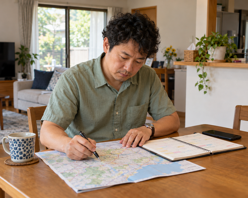 自宅で地図と家族の予定を確認する男性