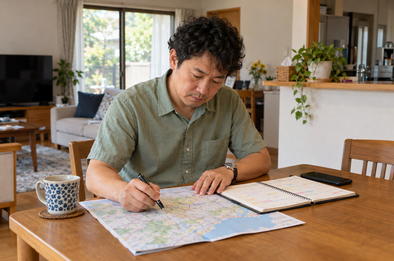 自宅で地図と家族の予定を確認する男性