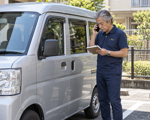 駐車した軽バンの助手席側で電話とメモを確認する男性
