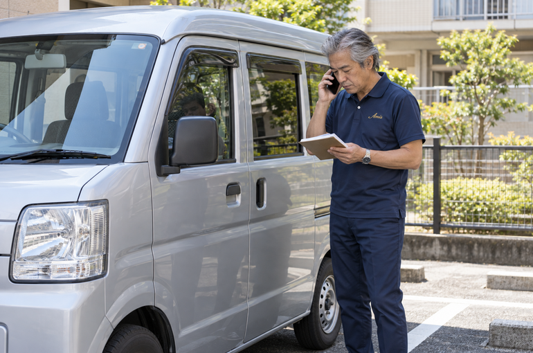 駐車した軽バンの助手席側で電話とメモを確認する男性