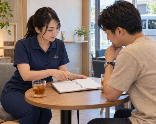 小さな相談スペースで翌月の予定を話す女性スタッフと私服の男性