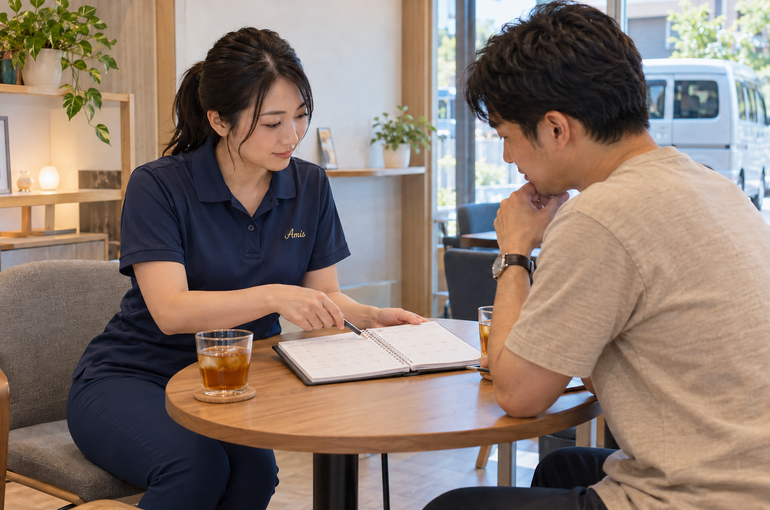 小さな相談スペースで翌月の予定を話す女性スタッフと私服の男性