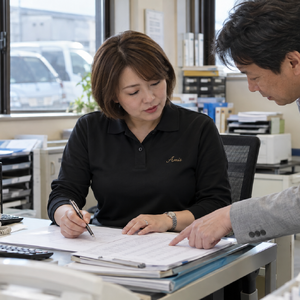 配送内容の書類を確認する女性担当者と私服の男性相談者
