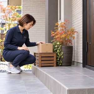 玄関ドアの前を空け、横の専用台に置いた荷物を確認する女性ドライバー