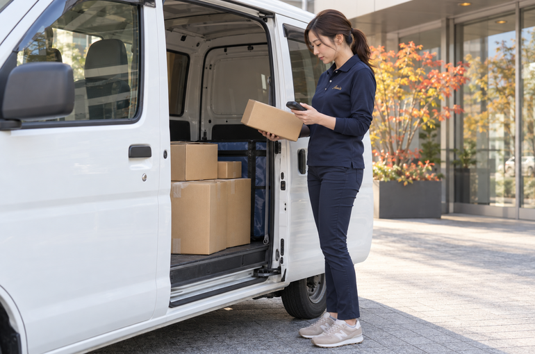 企業配送の荷物を軽バンのそばで確認する女性ドライバー