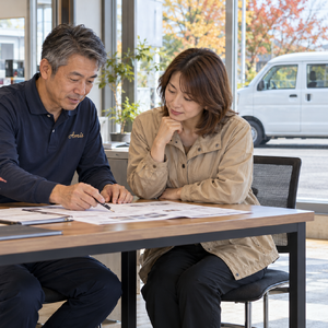車両の購入やリースについて書類を見ながら相談する担当者と利用者