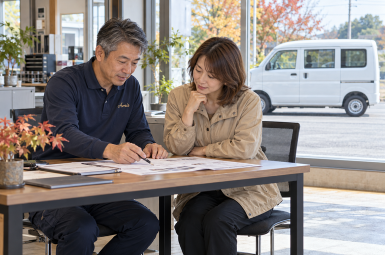 車両の購入やリースについて書類を見ながら相談する担当者と利用者
