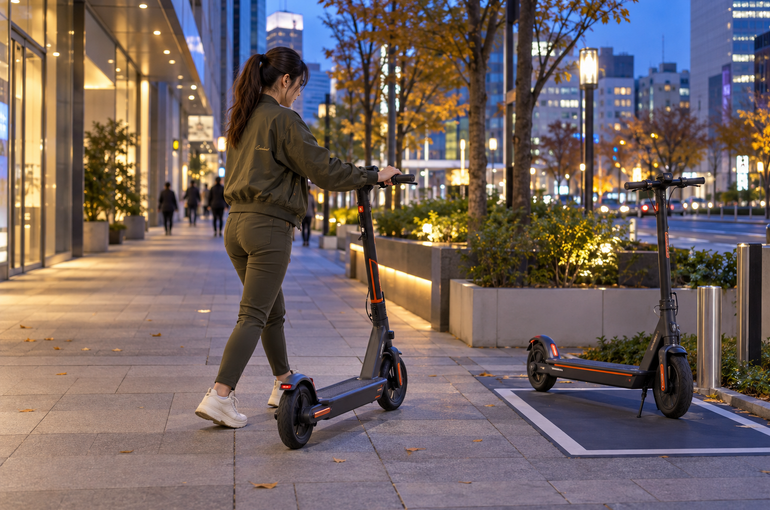 夕方の都内をイメージした場所で架空のシェアモビリティを押して移動する女性スタッフ