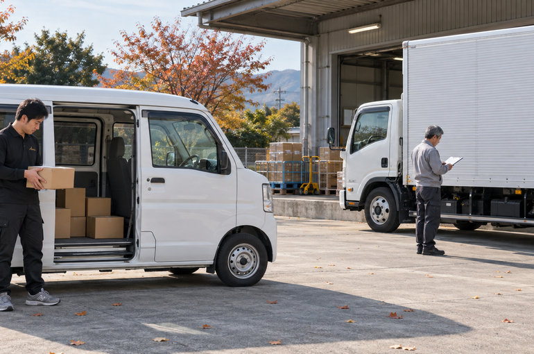 別々に停車した軽バンと2t車のそばで荷物や伝票を確認するスタッフ