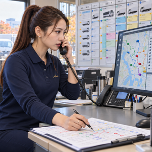 電話で配送の相談をしながら予定表を確認する架空の女性配車担当者