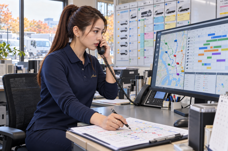 電話で配送の相談をしながら予定表を確認する架空の女性配車担当者