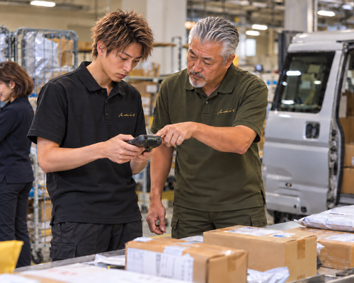 配送端末の操作を確認する年代の異なる男性スタッフ