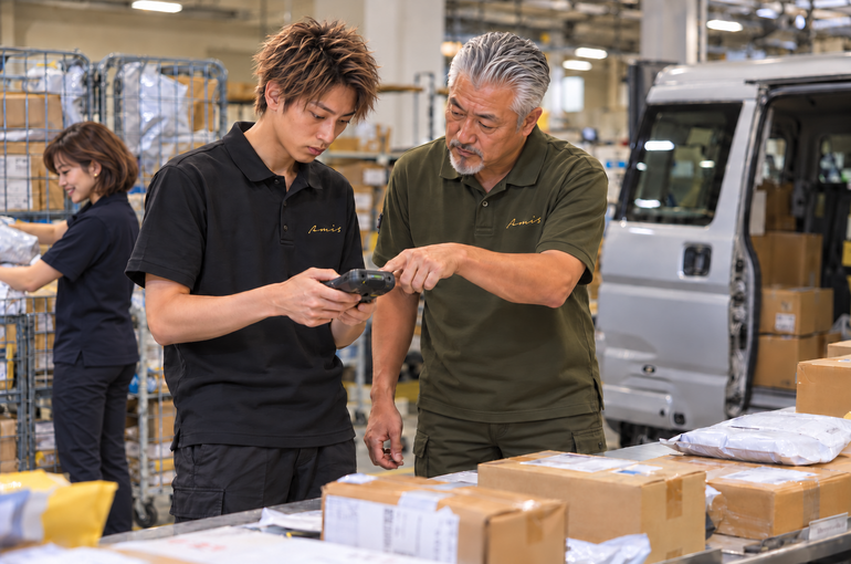 配送端末の操作を確認する年代の異なる男性スタッフ
