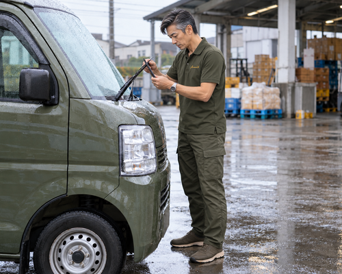 停車中の軽バンのワイパーを確認する男性