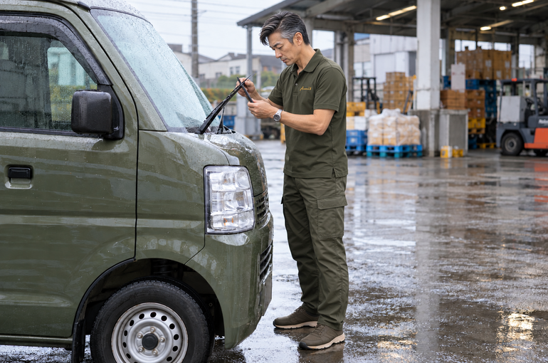 停車中の軽バンのワイパーを確認する男性