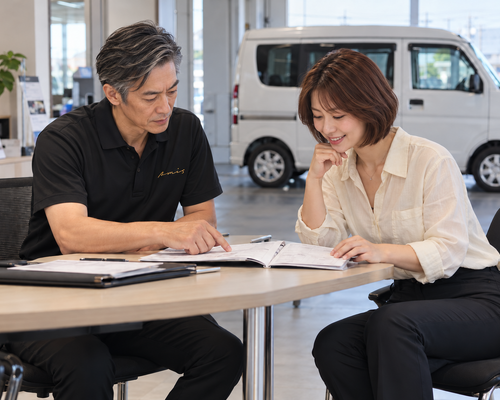 仕事用車両の資料を確認する担当者と相談者