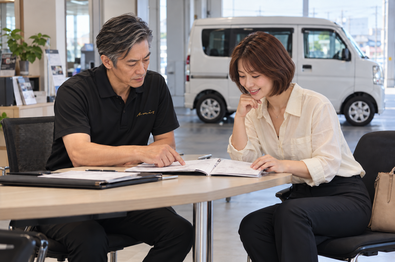 仕事用車両の資料を確認する担当者と相談者