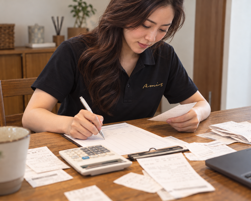 請求書と計算機を確認する手元