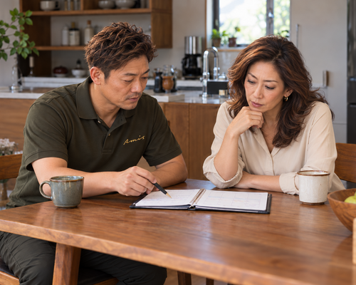 自宅で仕事と生活の予定を確認する男女
