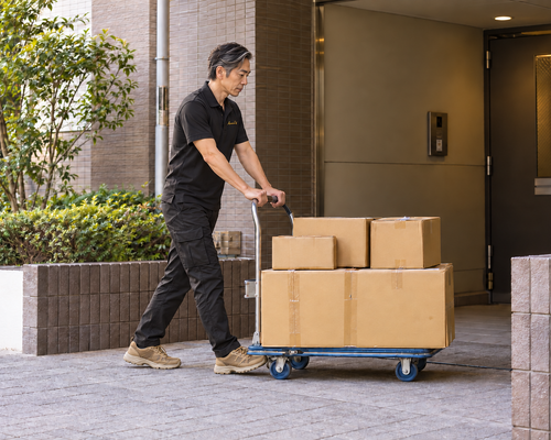 休日の配送をイメージした台車での荷物運搬