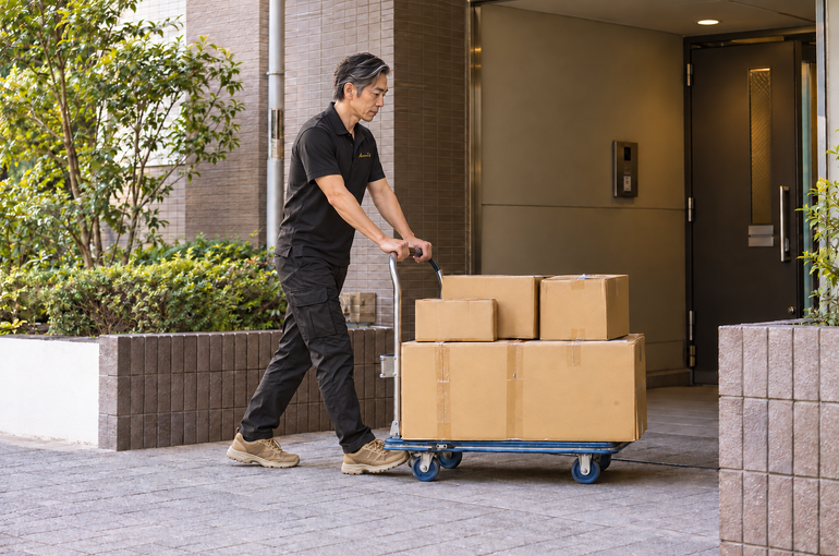 休日の配送をイメージした台車での荷物運搬