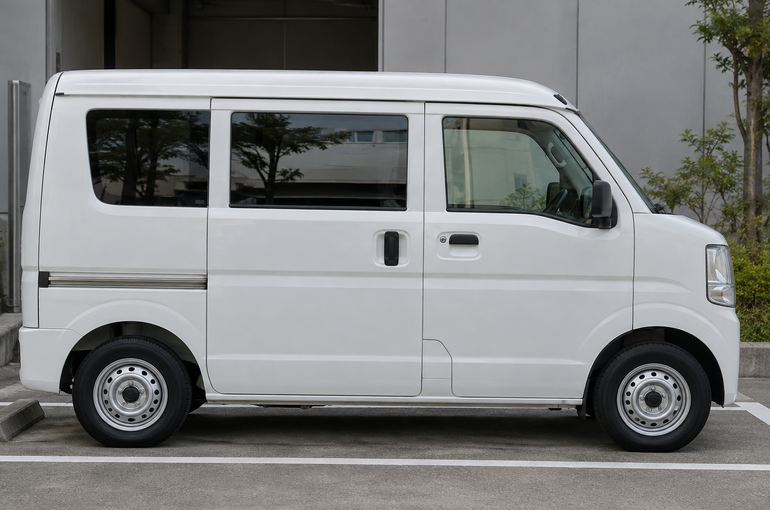 施設の指定区画に停車する軽貨物車の側面